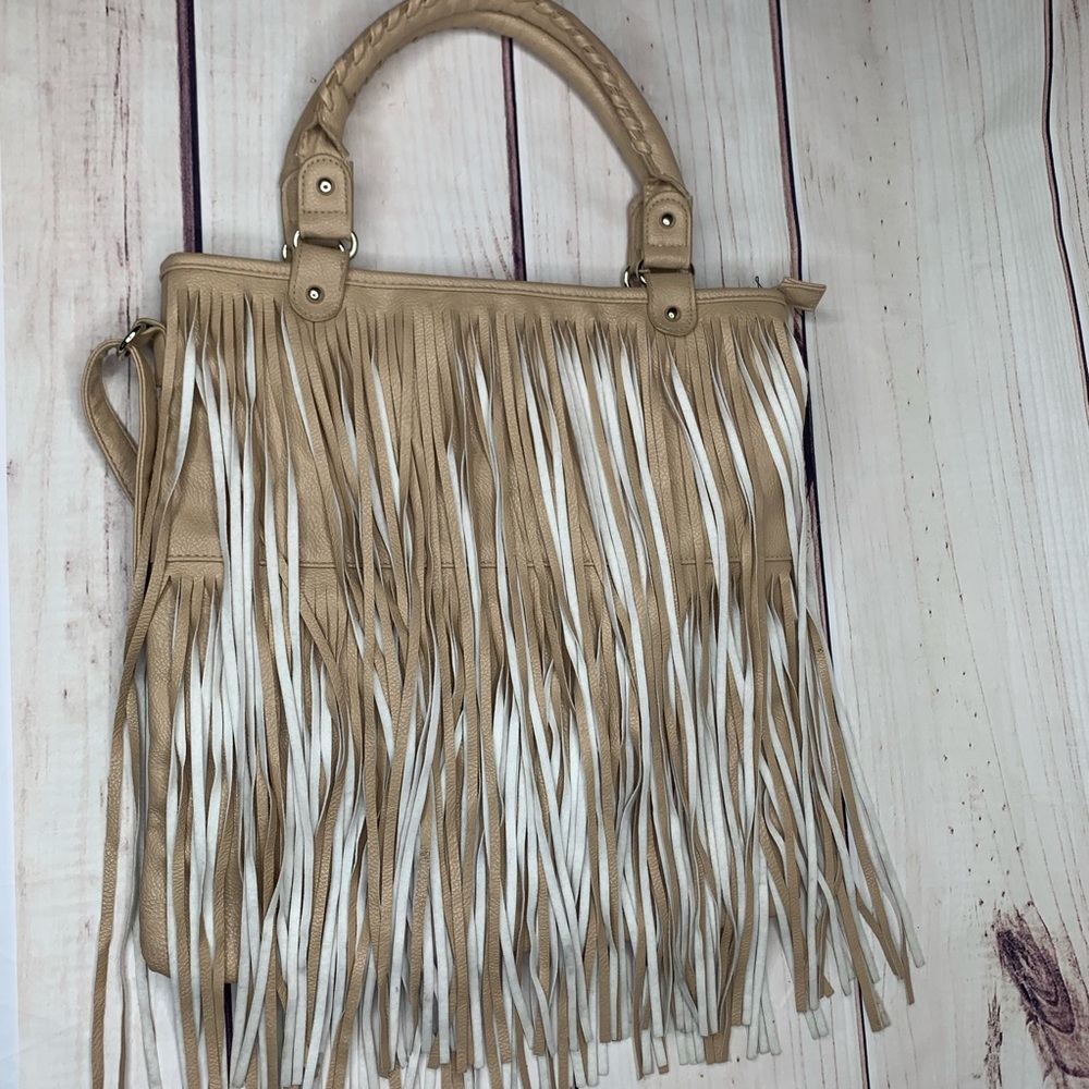 Kardashian Kollection Tan and White Fringe Tote